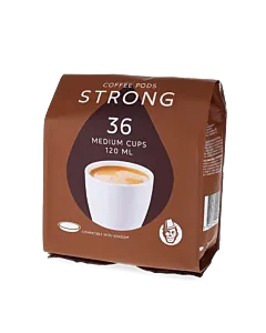 Kaffekapslen Strong 36 package and pods for Senseo